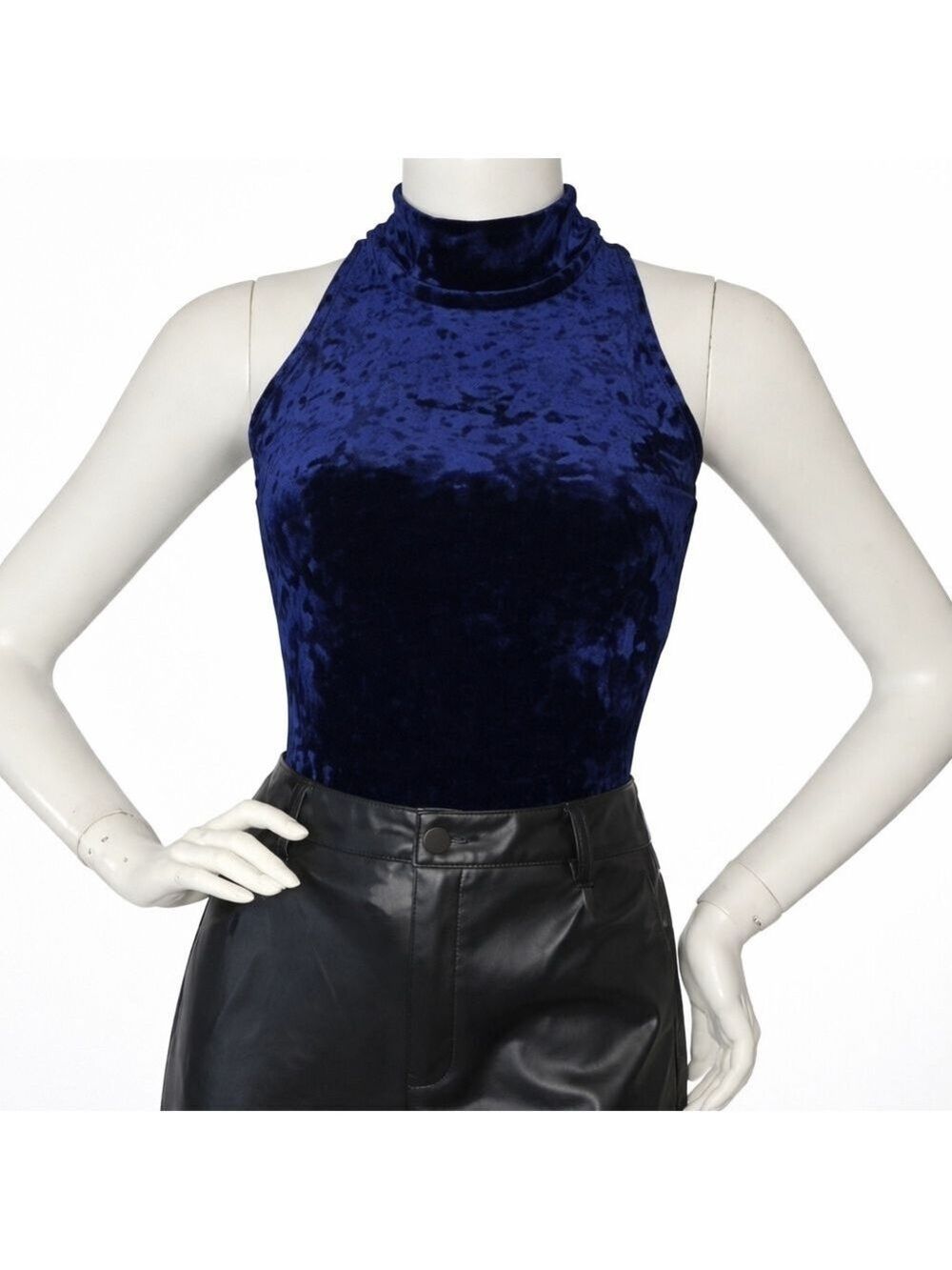 Second Skin RD Style Navy Mock Neck Velvet Bodysuit Small NWT